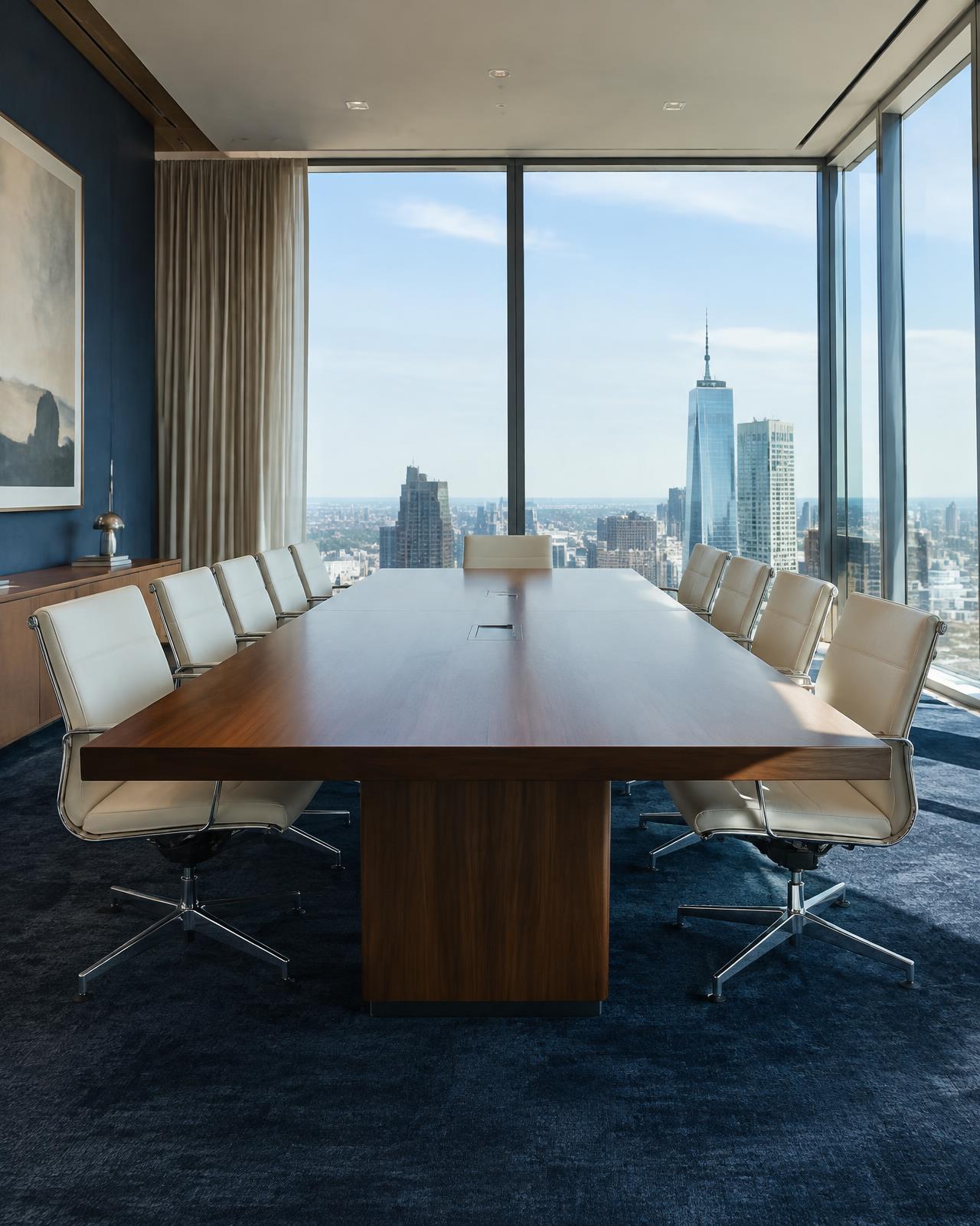 Empty boardroom overlooking the Manhattan skyline