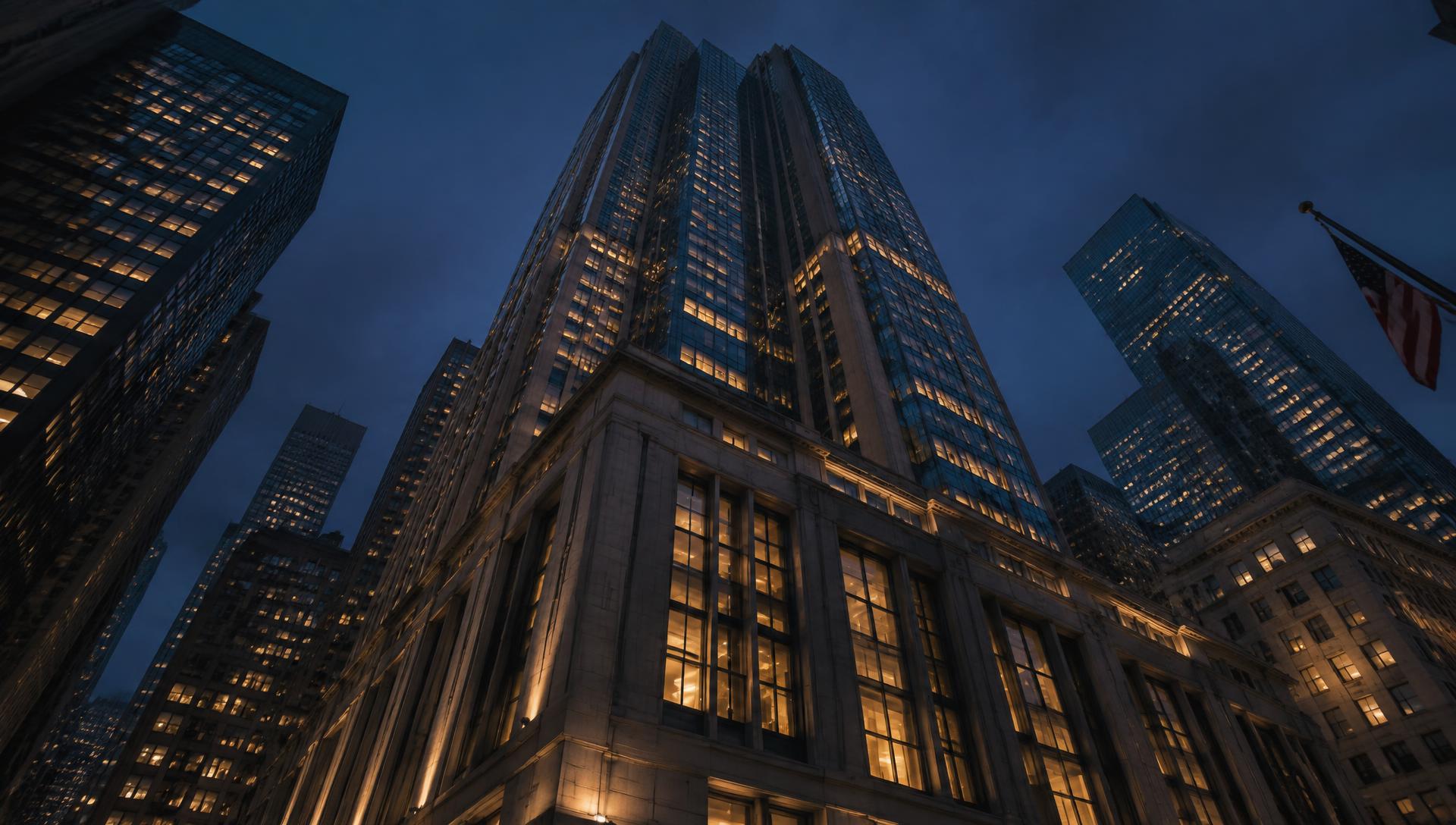 Illuminated office towers in a financial district at dusk